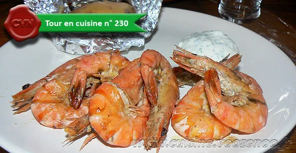 Gambas grillés à l'ail et citron, pommes de terre