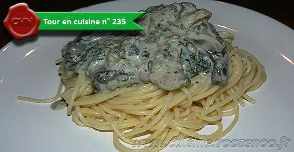 Spaghettis aux épinards, champignons et lardons