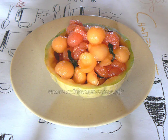 Salade de melon, pasteque et menthe fin