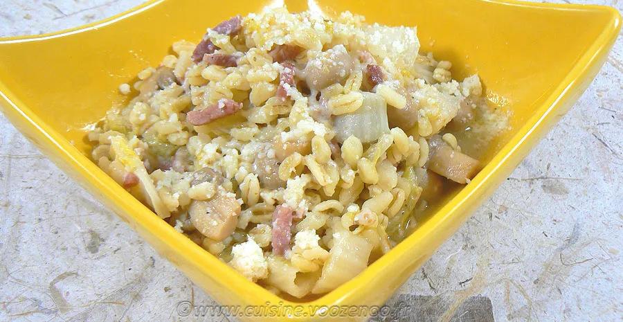Blé aux champignons, lardons et chou chinois