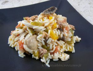 Salade de riz au thon, champignons et poivrons presentation