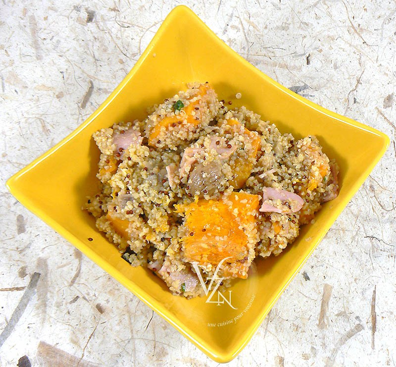 Salade tiède au quinoa, châtaignes et potimarron fin